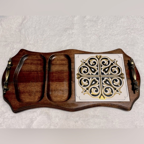 Vintage Himark Wooden MCM Cheese Tray Charcuterie Board Ceramic Tile w/Handles - Picture 1 of 16